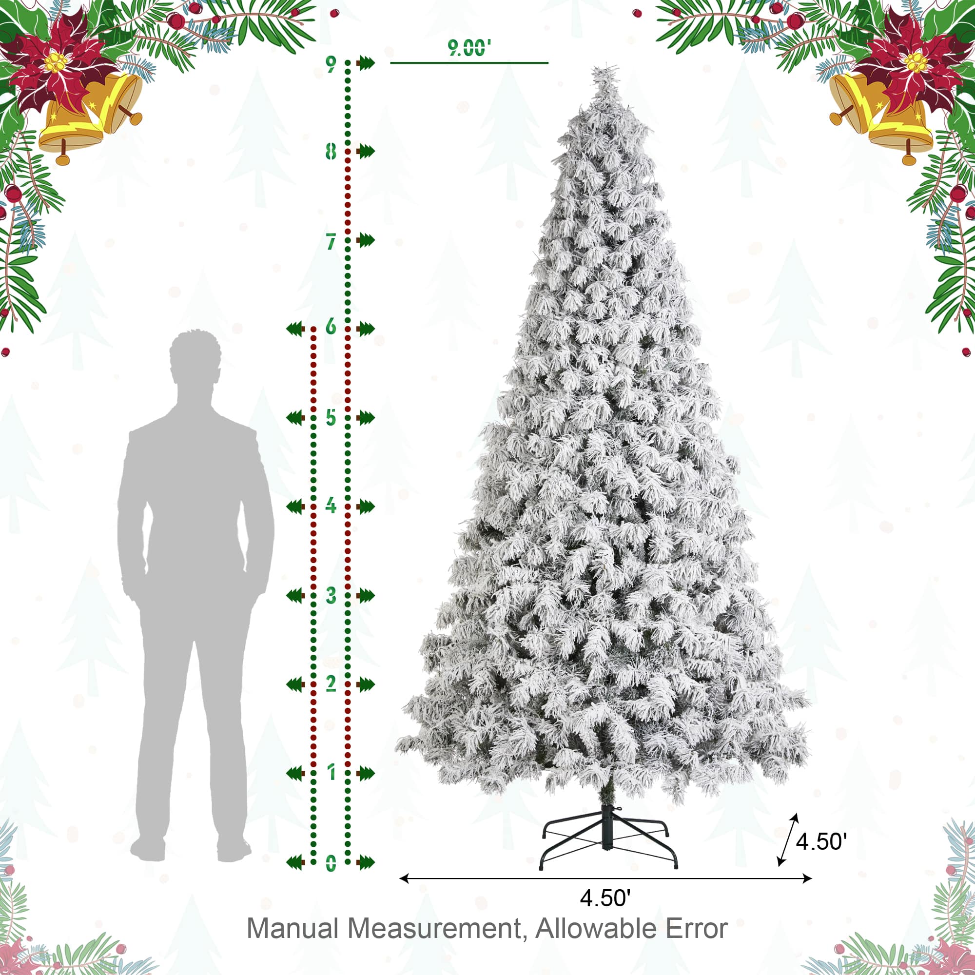Glitzhome® 9ft Pre-Lit Flocked Full Spruce Artificial Christmas Tree, Warm White LED Lights